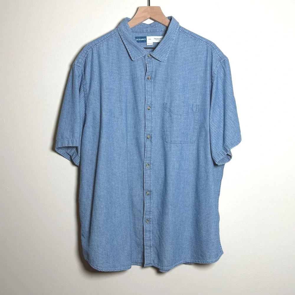 Old‎ Navy Mens XXL Blue White Geometric Print Short Sleeve Everyday Shirt Cotton